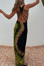 Summer Adventures Tie-dye Print Back Lace-up Stretch Maxi Dress（With built-in bra）