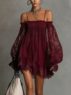 Noemi | Mini dress in navy blue chiffon with off-the-shoulder neckline, lace trim, and sheer sleeves