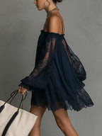 Noemi | Mini dress in navy blue chiffon with off-the-shoulder neckline, lace trim, and sheer sleeves