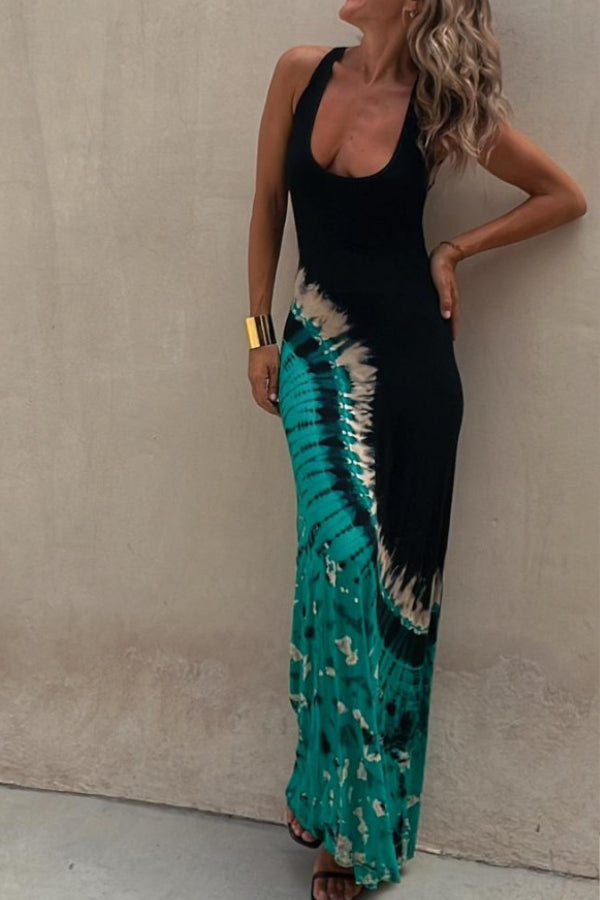 Starry Sky Tie-dye-print Stretch-back Maxi Dress（With built-in bra）
