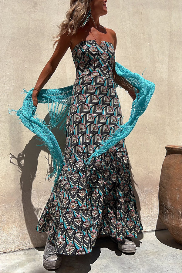 Annie Ethnic Shell Print Back Smocked Off Shoulder Tiered Maxi Dress