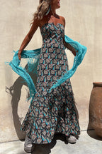 Annie Ethnic Shell Print Back Smocked Off Shoulder Tiered Maxi Dress