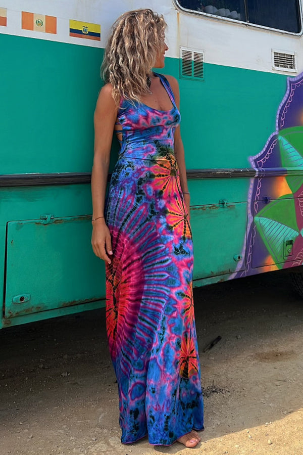 La Bamba Tie-dye Print Back Lace-up Stretch Maxi Dress（With built-in bra）