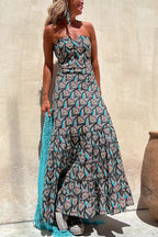 Annie Ethnic Shell Print Back Smocked Off Shoulder Tiered Maxi Dress