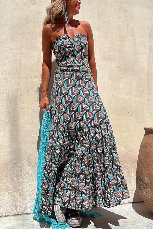 Annie Ethnic Shell Print Back Smocked Off Shoulder Tiered Maxi Dress
