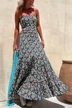 Annie Ethnic Shell Print Back Smocked Off Shoulder Tiered Maxi Dress