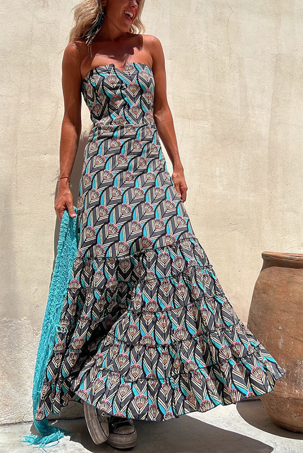 Annie Ethnic Shell Print Back Smocked Off Shoulder Tiered Maxi Dress