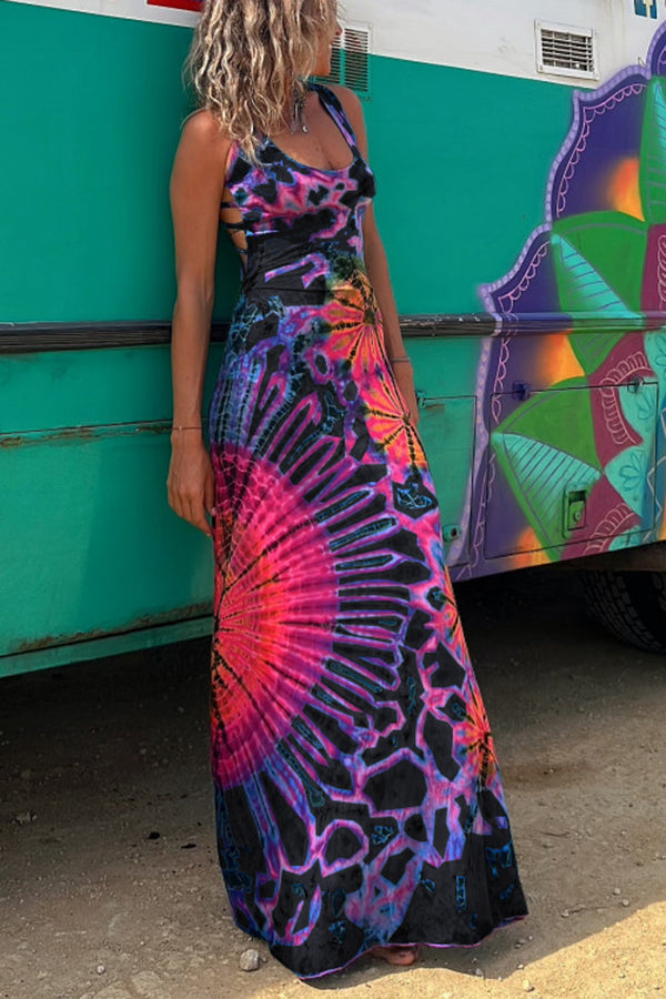 La Bamba Tie-dye Print Back Lace-up Stretch Maxi Dress（With built-in bra）