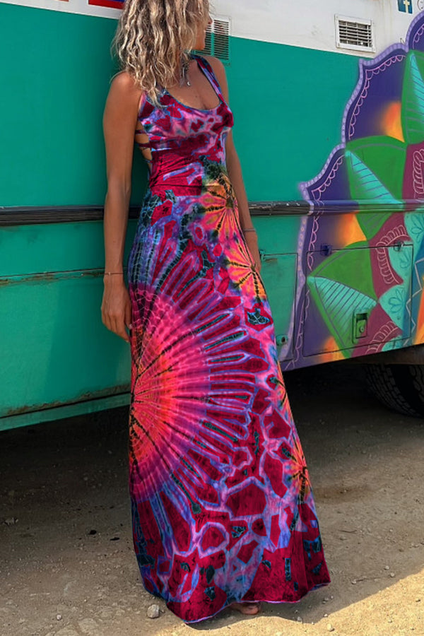 La Bamba Tie-dye Print Back Lace-up Stretch Maxi Dress（With built-in bra）