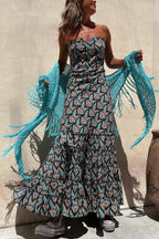 Annie Ethnic Shell Print Back Smocked Off Shoulder Tiered Maxi Dress