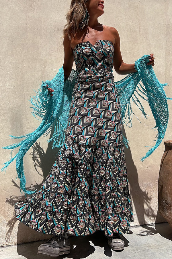 Annie Ethnic Shell Print Back Smocked Off Shoulder Tiered Maxi Dress