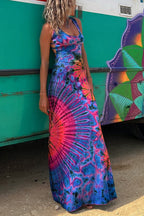 La Bamba Tie-dye Print Back Lace-up Stretch Maxi Dress（With built-in bra）