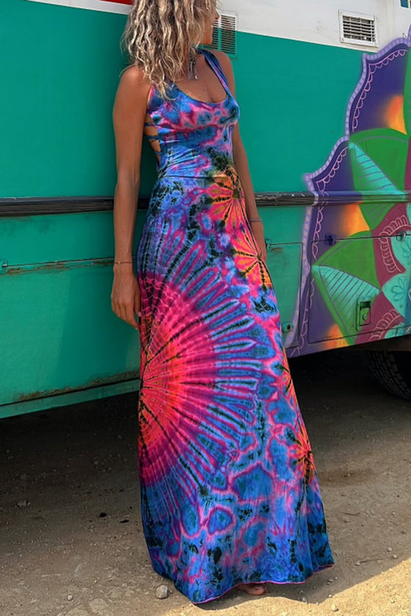 La Bamba Tie-dye Print Back Lace-up Stretch Maxi Dress（With built-in bra）