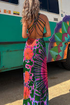 La Bamba Tie-dye Print Back Lace-up Stretch Maxi Dress（With built-in bra）