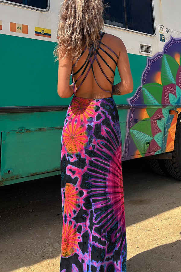 La Bamba Tie-dye Print Back Lace-up Stretch Maxi Dress（With built-in bra）