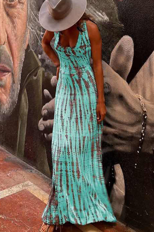 Modern Day Tie-dye Print Back Lace-up Stretch Maxi Dress（With built-in bra）