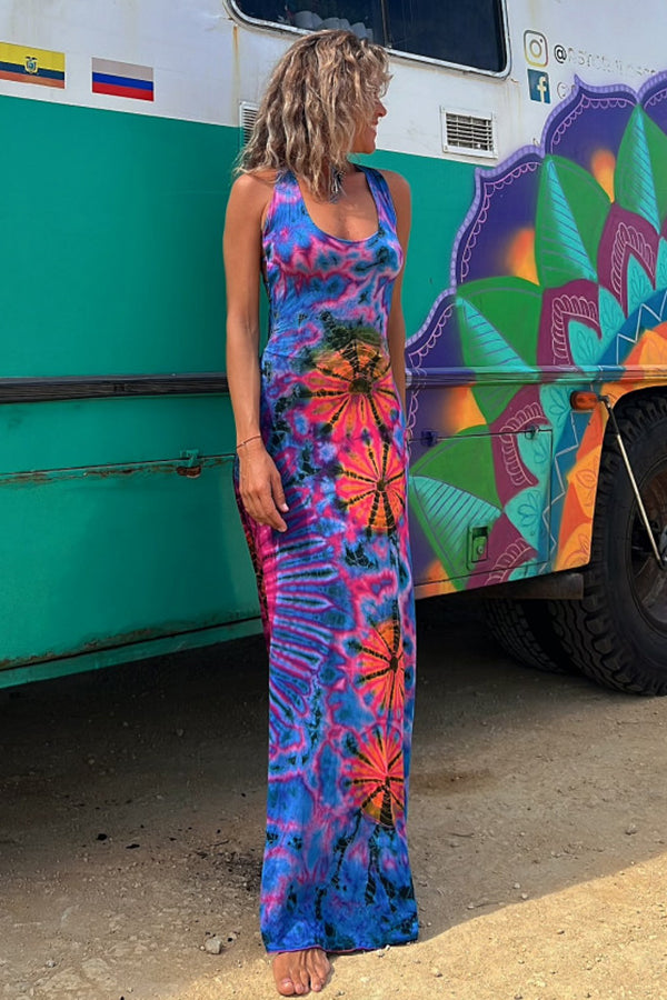La Bamba Tie-dye Print Back Lace-up Stretch Maxi Dress（With built-in bra）