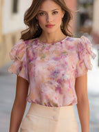 Watercolor Floral Flutter Sleeve Chiffon Blouse
