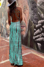 Modern Day Tie-dye Print Back Lace-up Stretch Maxi Dress（With built-in bra）
