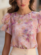Watercolor Floral Flutter Sleeve Chiffon Blouse