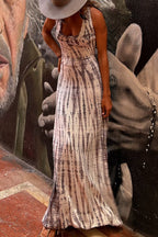 Modern Day Tie-dye Print Back Lace-up Stretch Maxi Dress（With built-in bra）