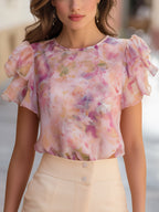 Watercolor Floral Flutter Sleeve Chiffon Blouse