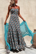 Annie Ethnic Shell Print Back Smocked Off Shoulder Tiered Maxi Dress