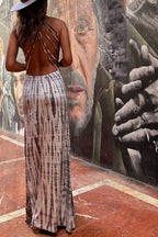 Modern Day Tie-dye Print Back Lace-up Stretch Maxi Dress（With built-in bra）