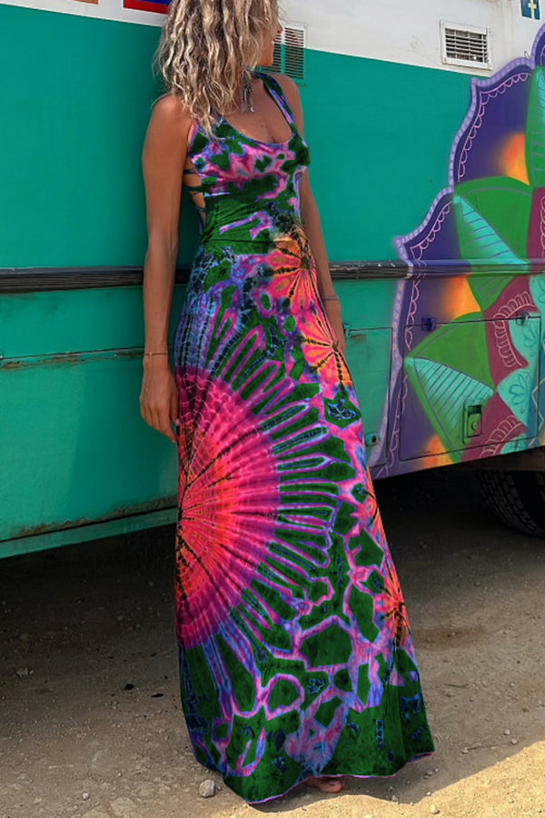 La Bamba Tie-dye Print Back Lace-up Stretch Maxi Dress（With built-in bra）