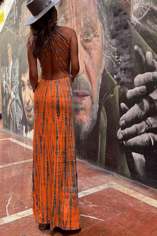 Modern Day Tie-dye Print Back Lace-up Stretch Maxi Dress（With built-in bra）