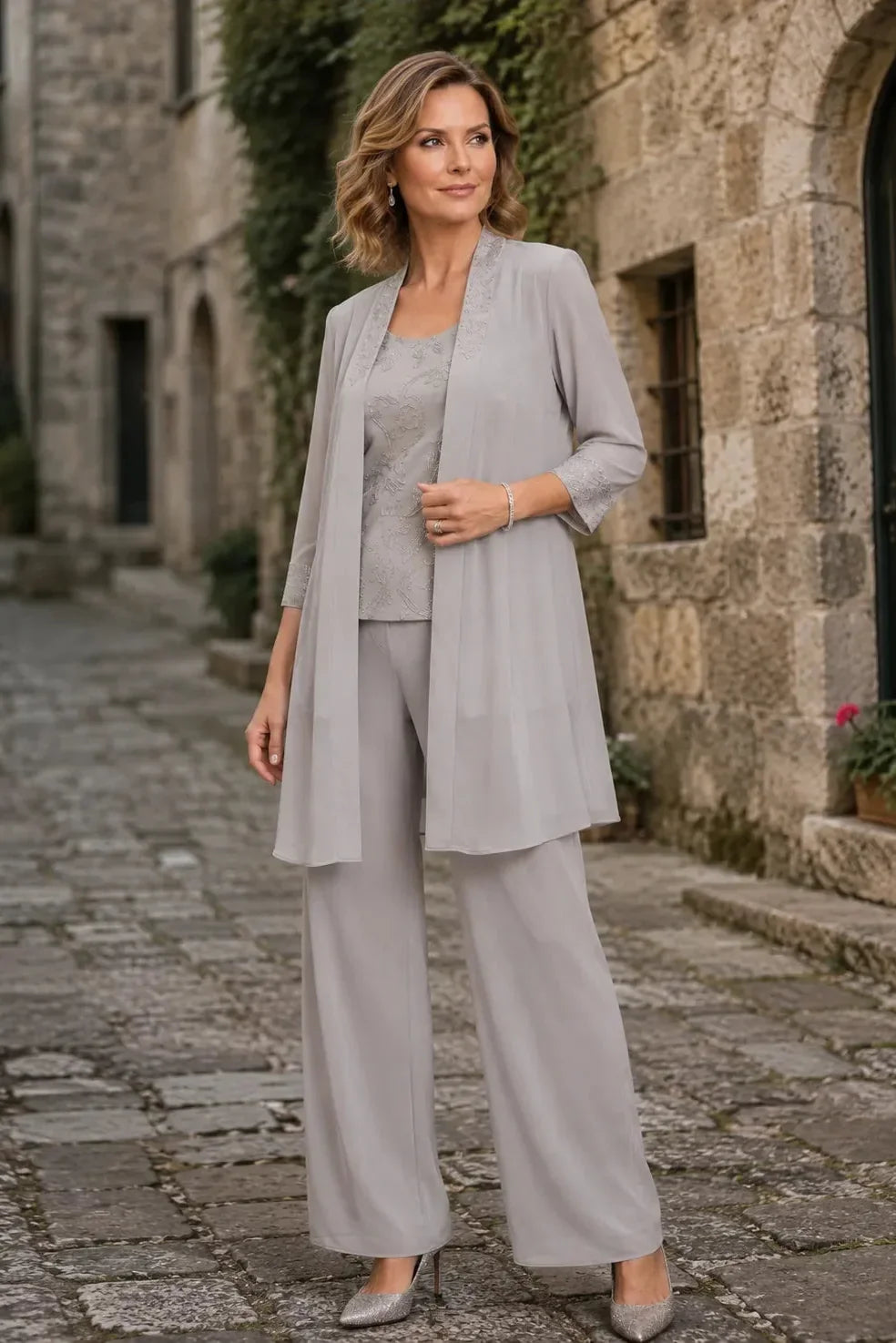 Evelyn Embroidered Three-Piece Pant Set