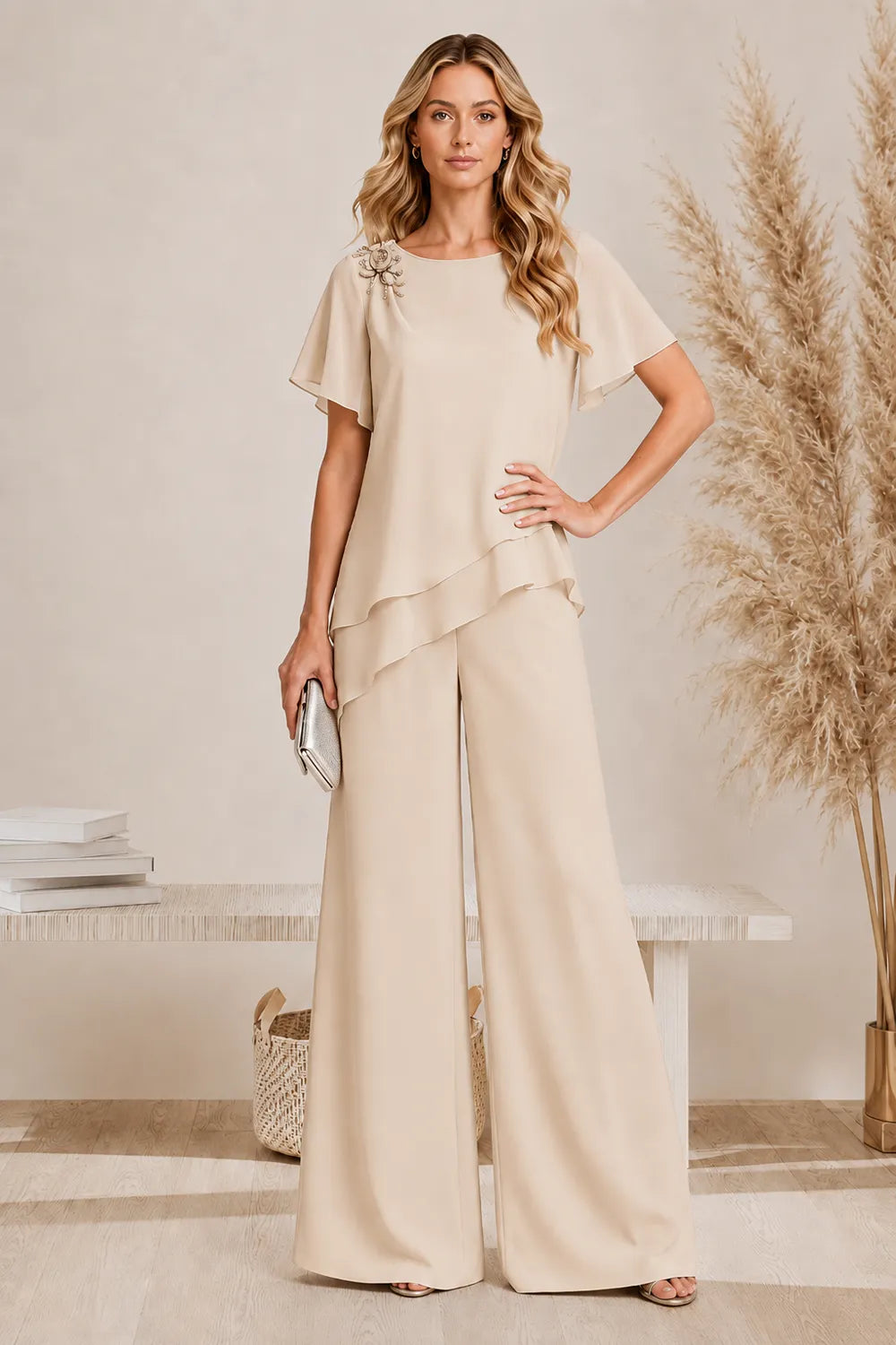 Graceful Layered Wide Leg Pant Suit
