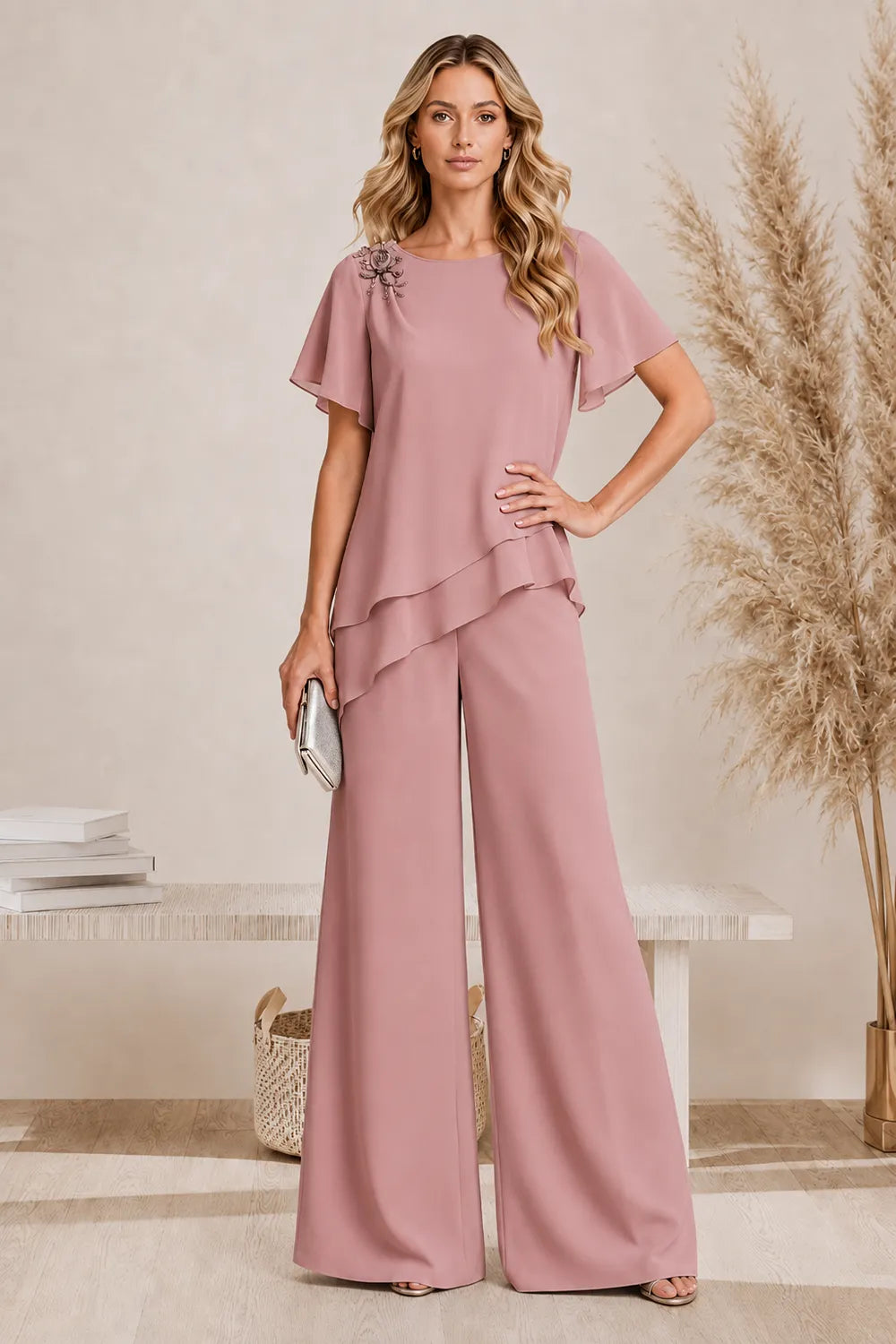 Graceful Layered Wide Leg Pant Suit