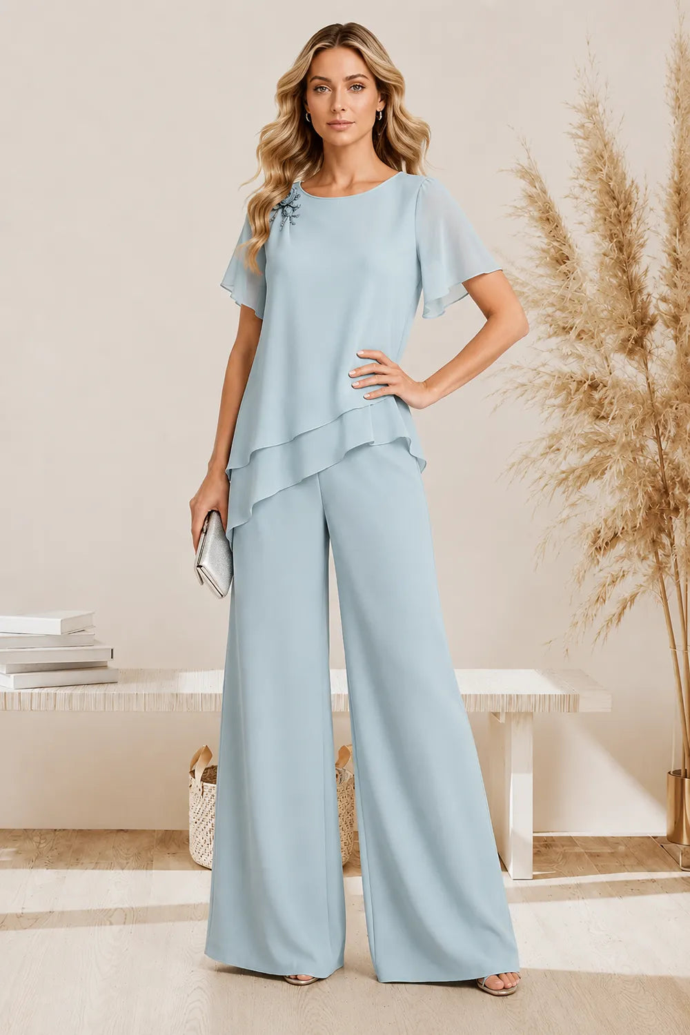Graceful Layered Wide Leg Pant Suit